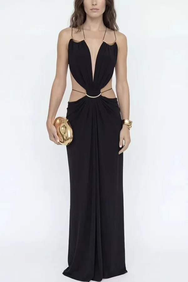 Women Halter Long Dress Deep V Neck Cutout Backless Evening Party Dress Metal Ring Twist Waist Bodycon Club Night Out Dresses