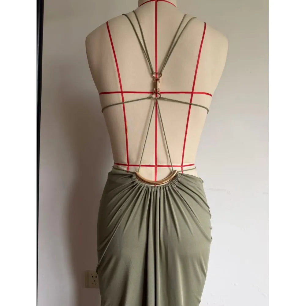 Women Halter Long Dress Deep V Neck Cutout Backless Evening Party Dress Metal Ring Twist Waist Bodycon Club Night Out Dresses