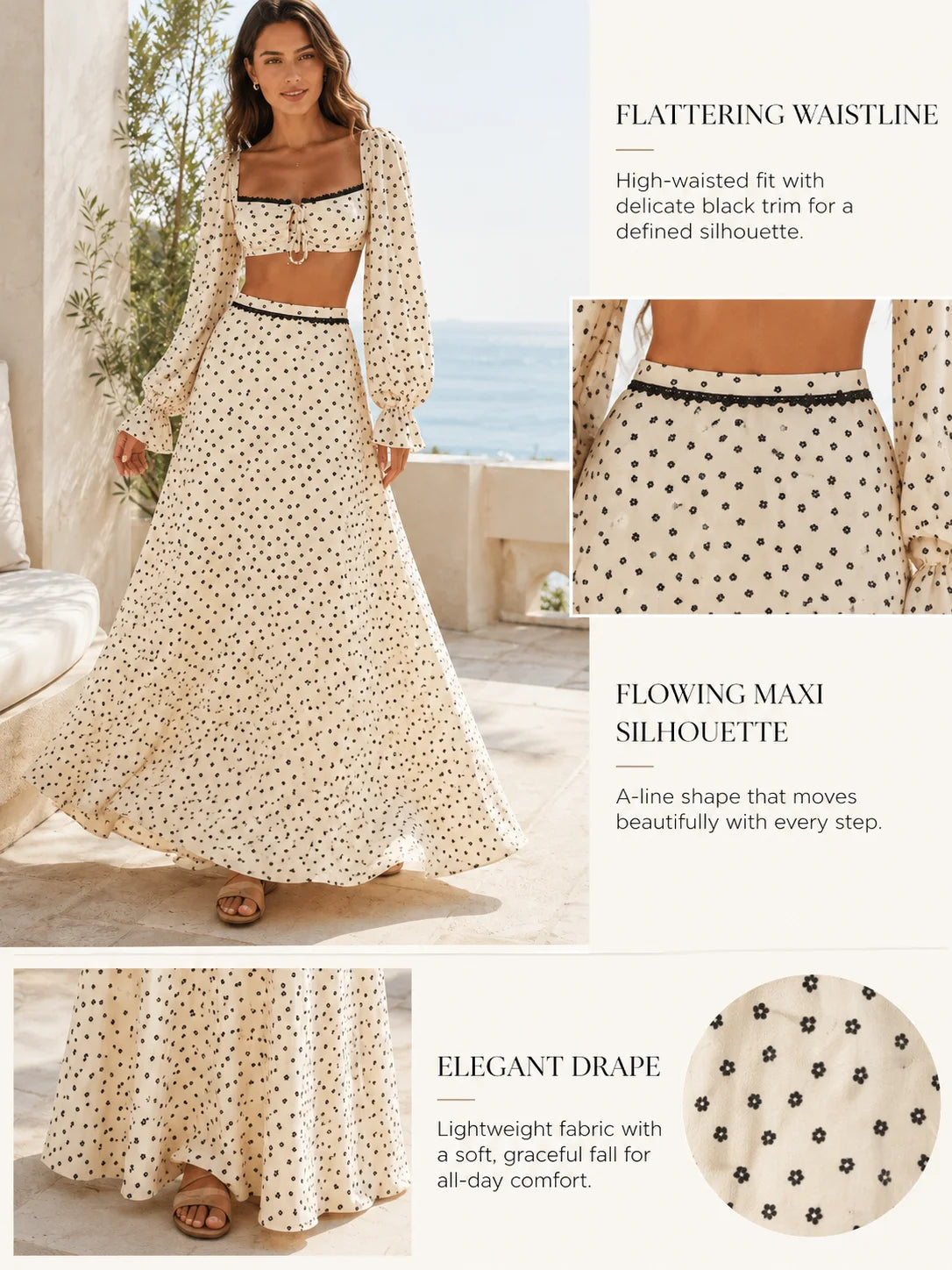 Women 2 Piece Boho Matching Sets, Integrated Puff Long Sleeve Cutout Back Tie‑Front Crop Top & High Waist Flowy Polka Dot Maxi Skirt, Summer Beach Vacation Co‑Ord Outfits