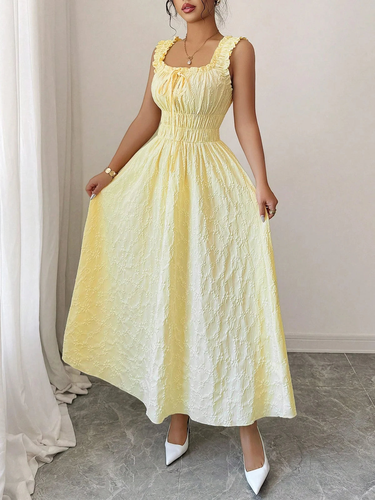 Square Neck Tie-Front Ruffle Maxi Dress