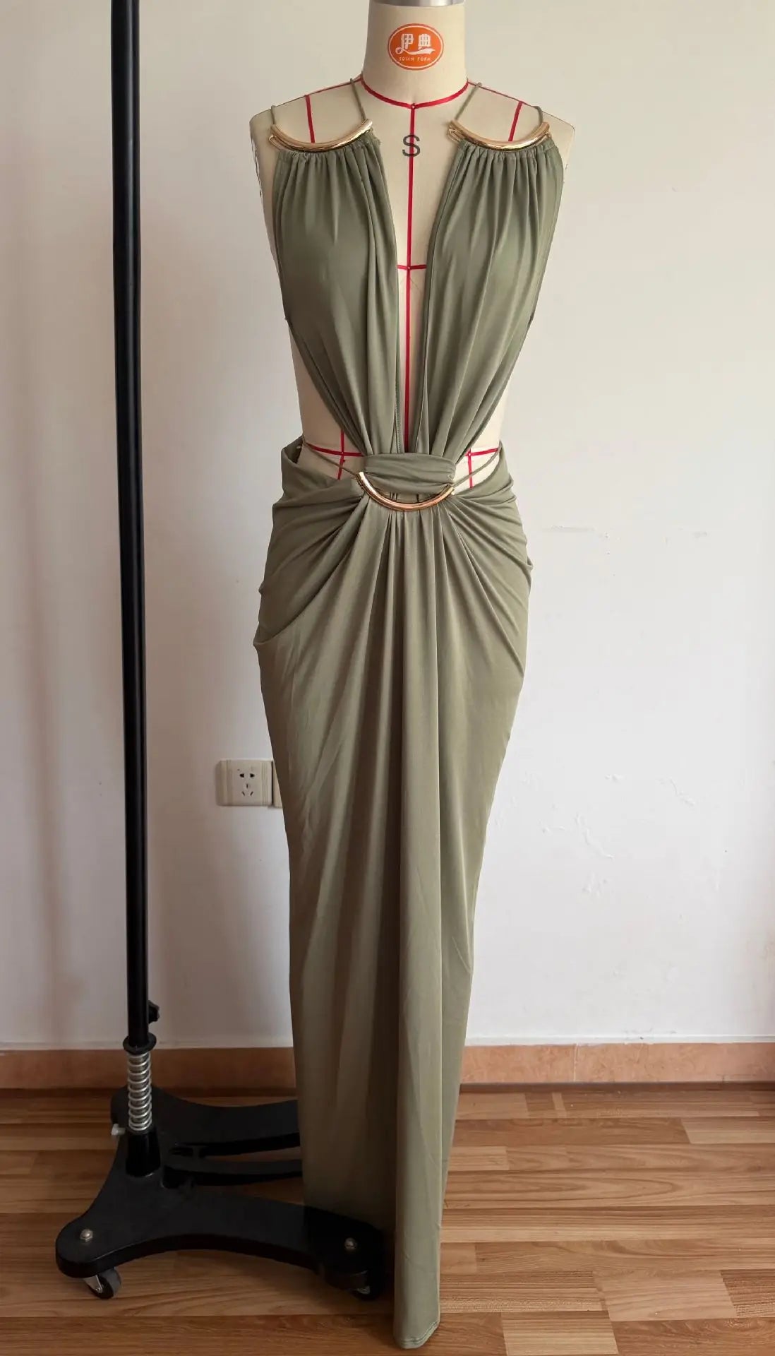 Women Halter Long Dress Deep V Neck Cutout Backless Evening Party Dress Metal Ring Twist Waist Bodycon Club Night Out Dresses