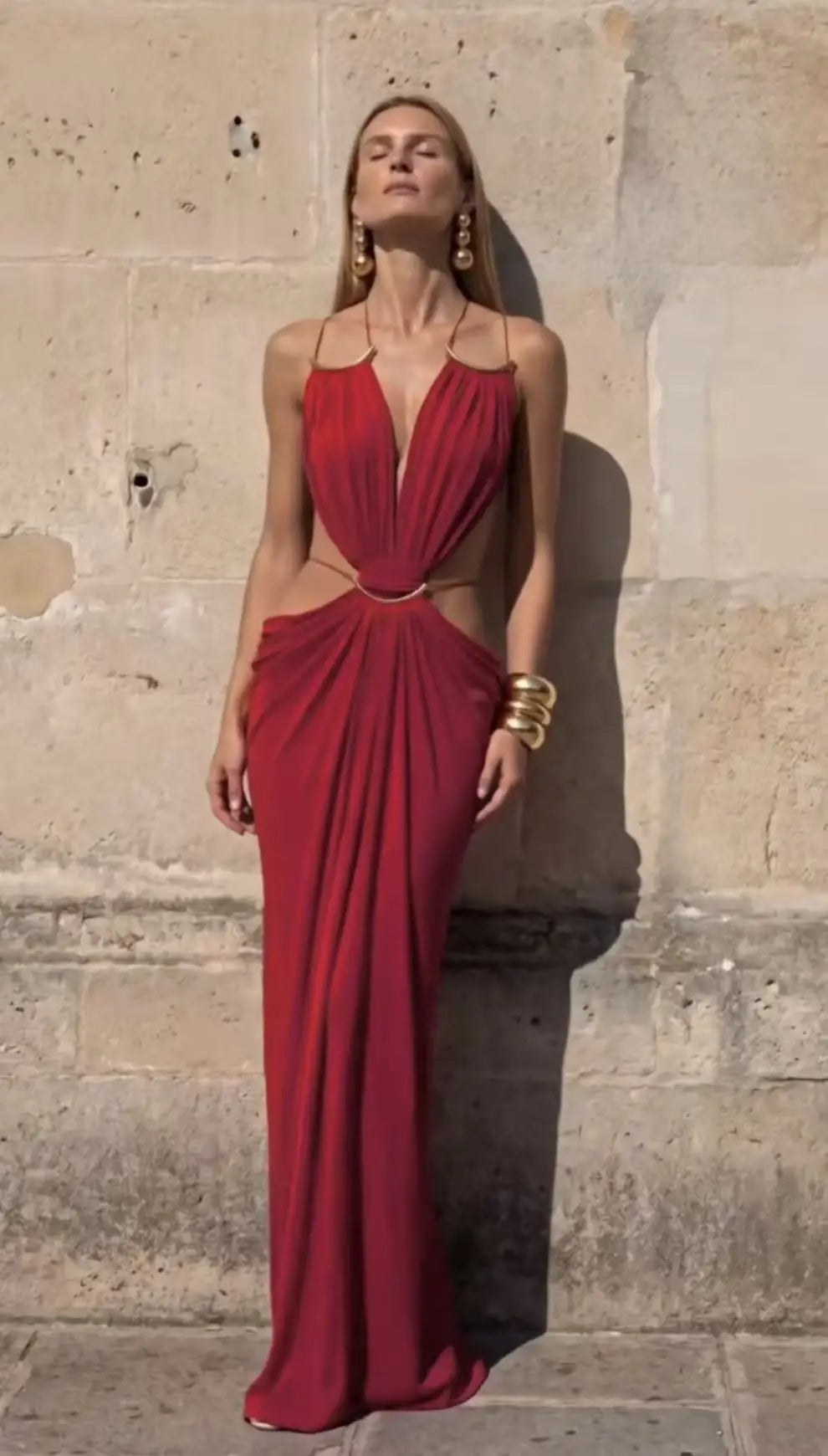Women Halter Long Dress Deep V Neck Cutout Backless Evening Party Dress Metal Ring Twist Waist Bodycon Club Night Out Dresses
