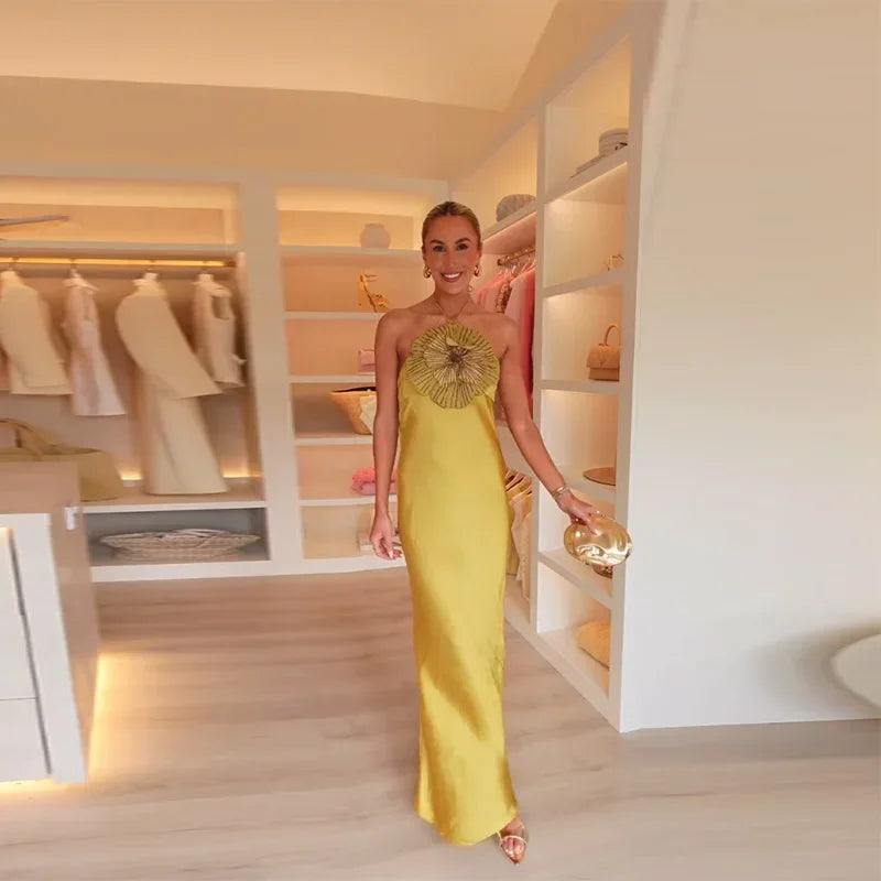 Halter Appliqué Floor-Length Dress