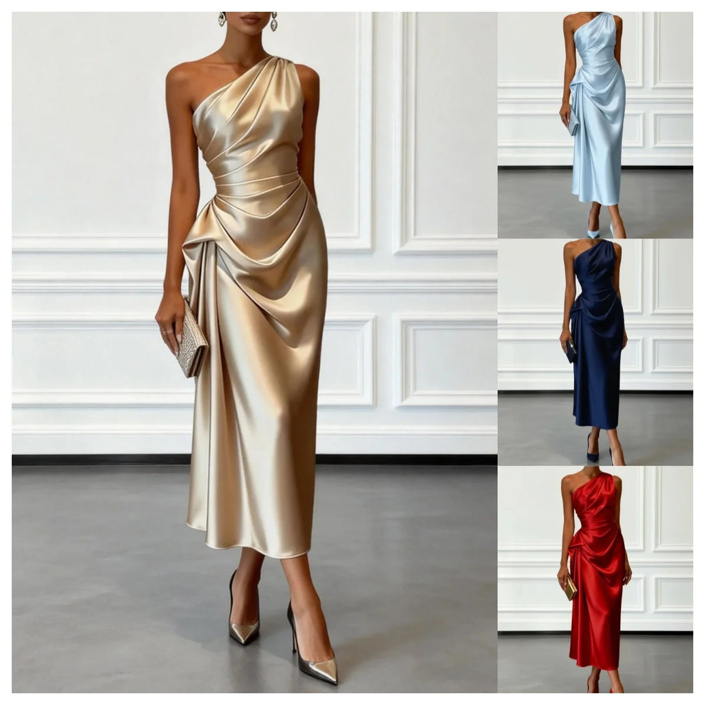 Elegant One Shoulder Satin Ruched Midi Dress for Formal Evening Cocktail Party