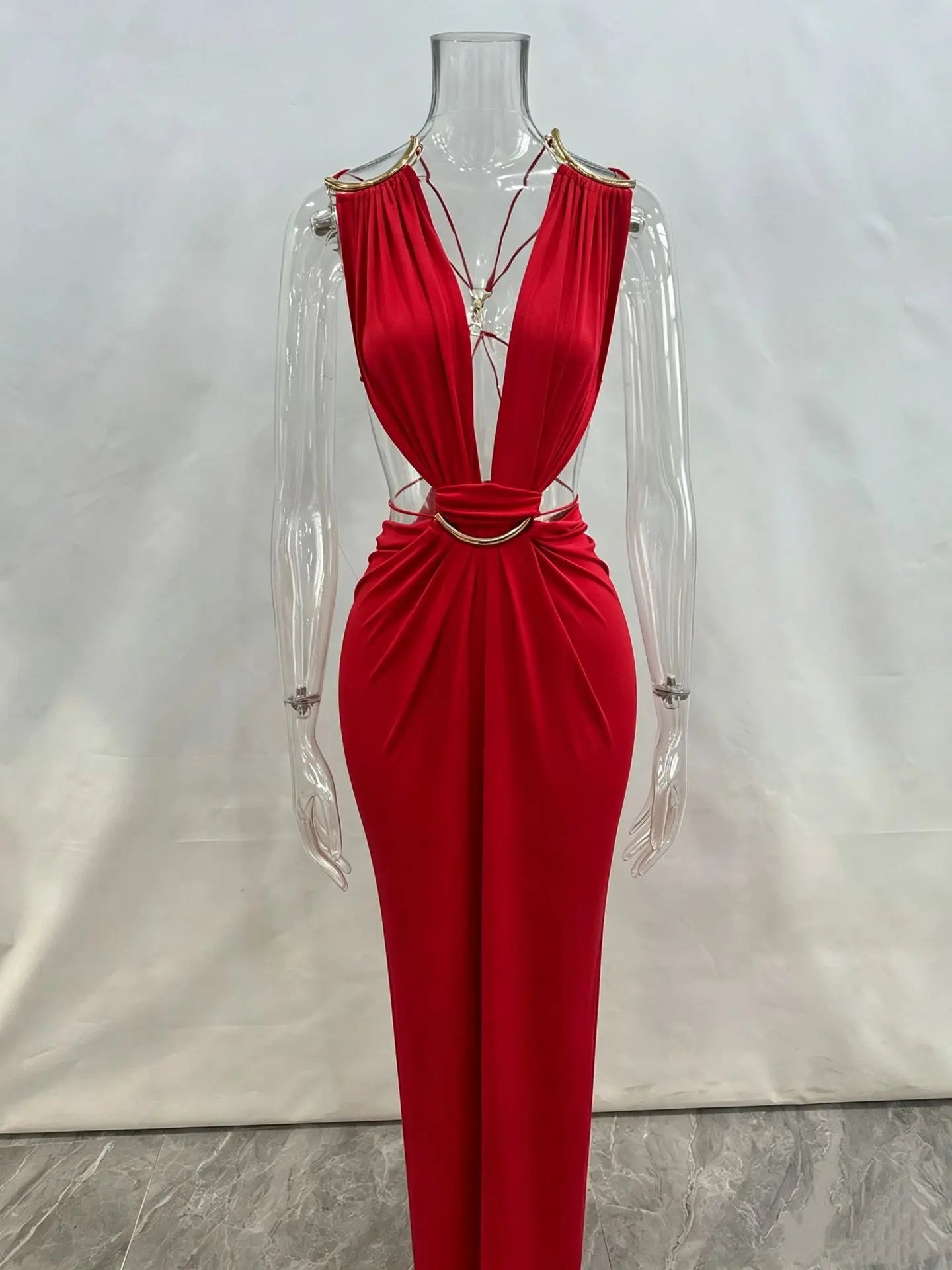 Women Halter Long Dress Deep V Neck Cutout Backless Evening Party Dress Metal Ring Twist Waist Bodycon Club Night Out Dresses