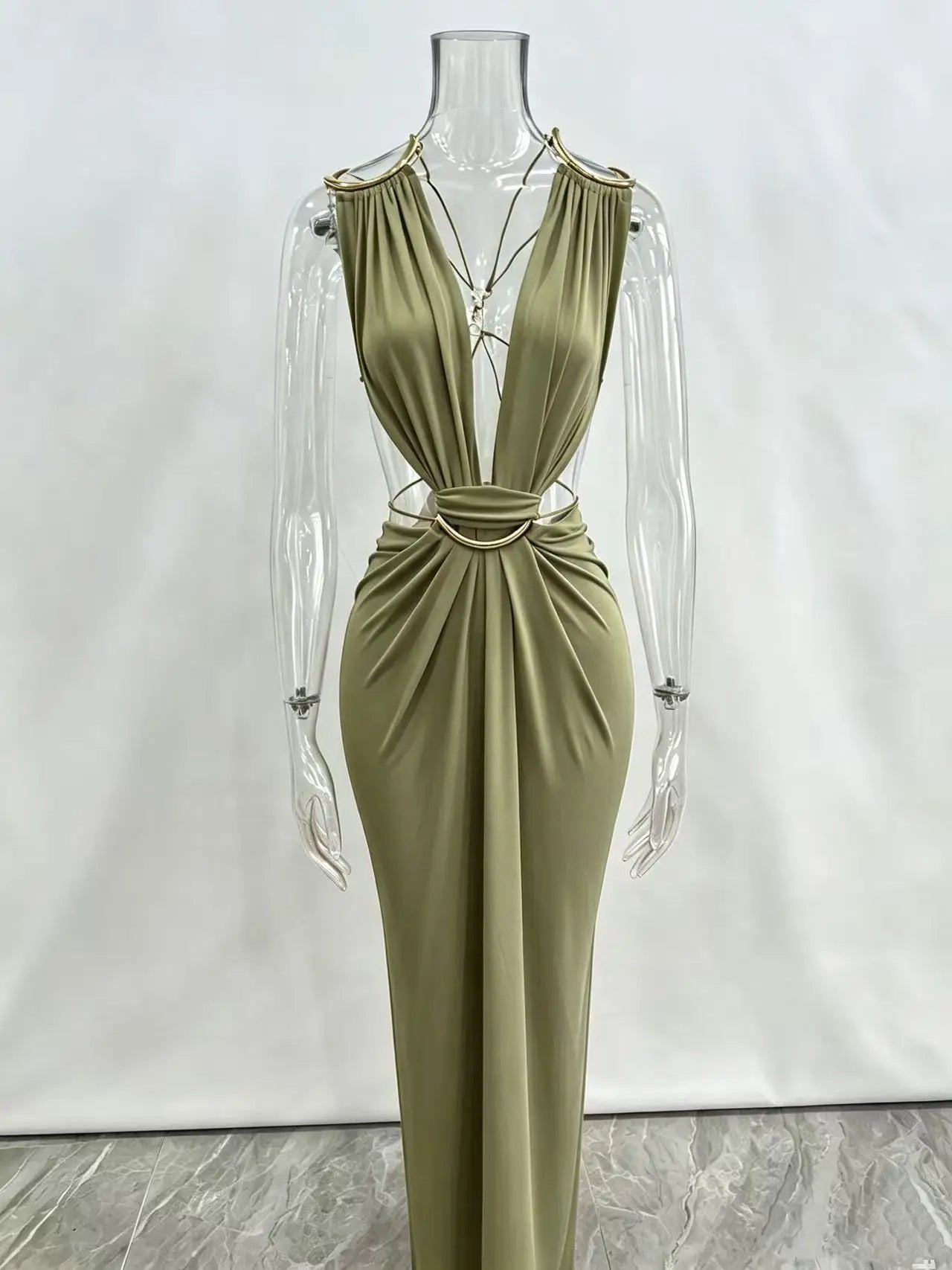 Women Halter Long Dress Deep V Neck Cutout Backless Evening Party Dress Metal Ring Twist Waist Bodycon Club Night Out Dresses
