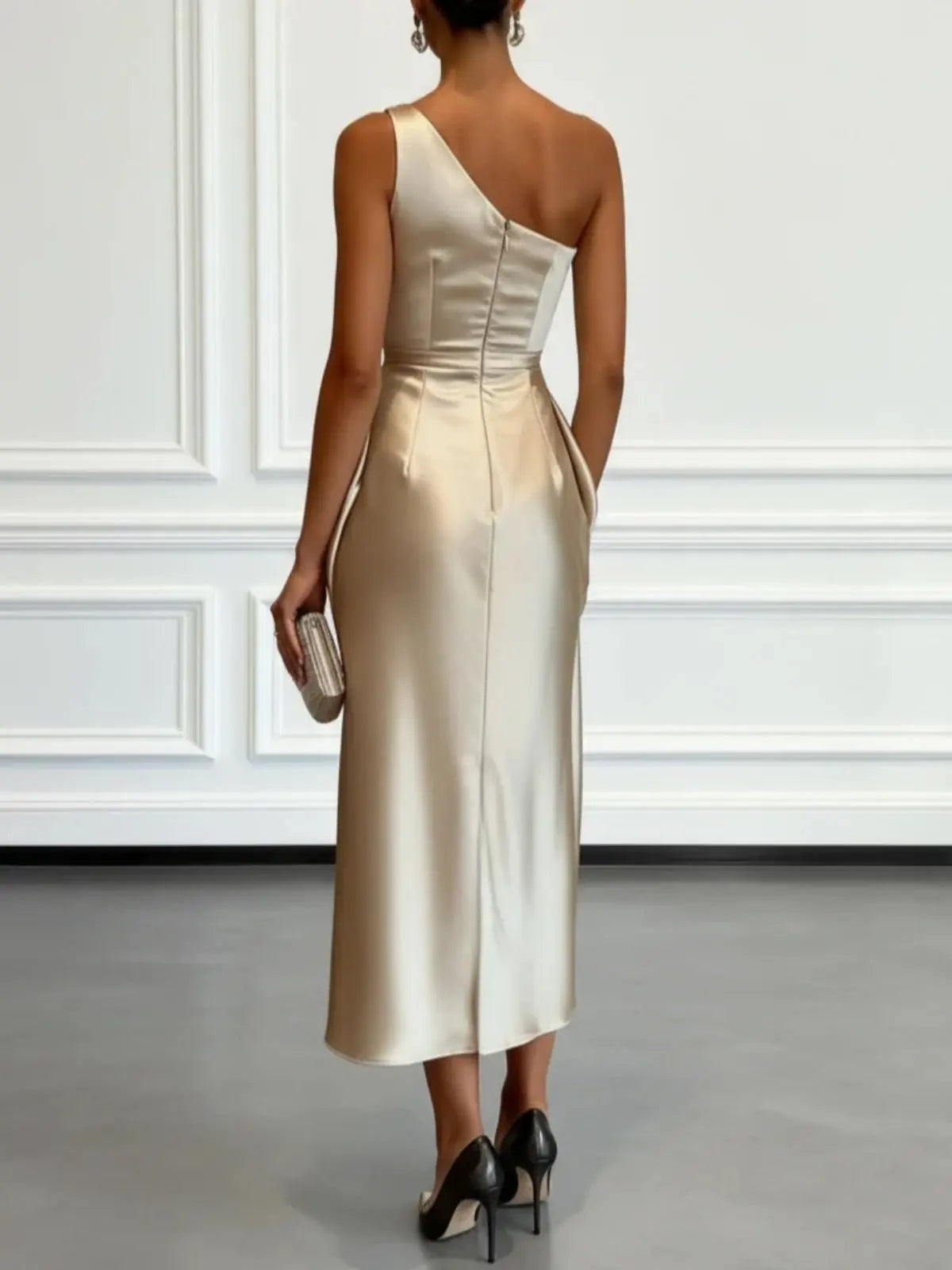Elegant One Shoulder Satin Ruched Midi Dress for Formal Evening Cocktail Party