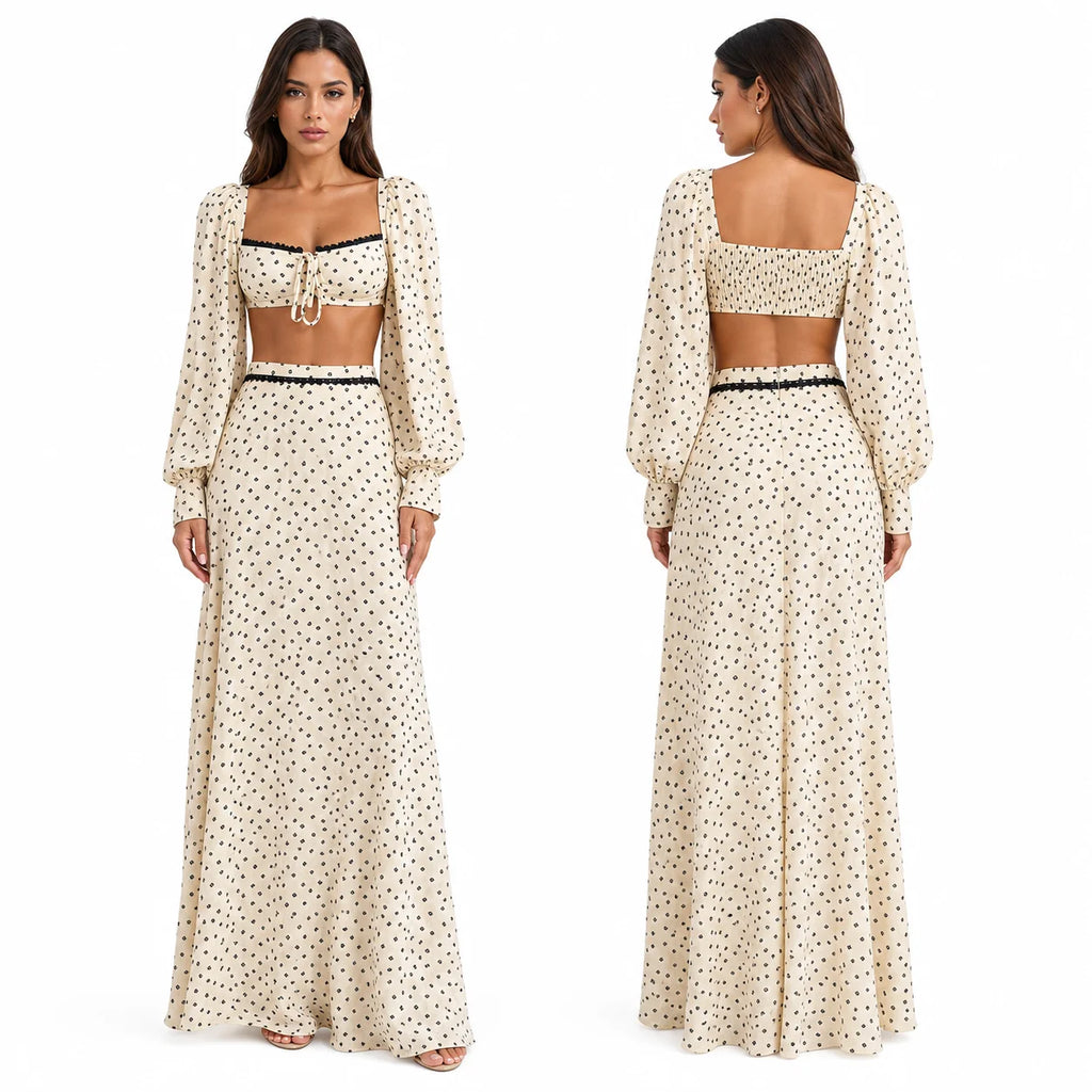 Women 2 Piece Boho Matching Sets, Integrated Puff Long Sleeve Cutout Back Tie‑Front Crop Top & High Waist Flowy Polka Dot Maxi Skirt, Summer Beach Vacation Co‑Ord Outfits