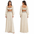 Women 2 Piece Boho Matching Sets, Integrated Puff Long Sleeve Cutout Back Tie‑Front Crop Top & High Waist Flowy Polka Dot Maxi Skirt, Summer Beach Vacation Co‑Ord Outfits
