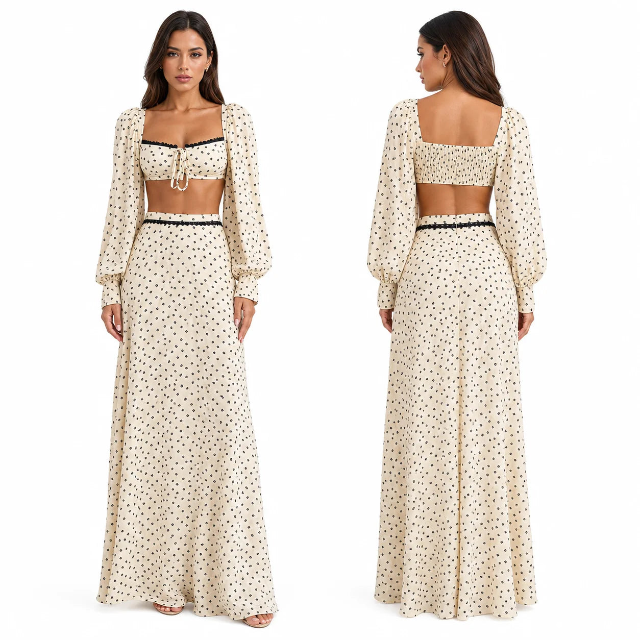 Women 2 Piece Boho Matching Sets, Integrated Puff Long Sleeve Cutout Back Tie‑Front Crop Top & High Waist Flowy Polka Dot Maxi Skirt, Summer Beach Vacation Co‑Ord Outfits