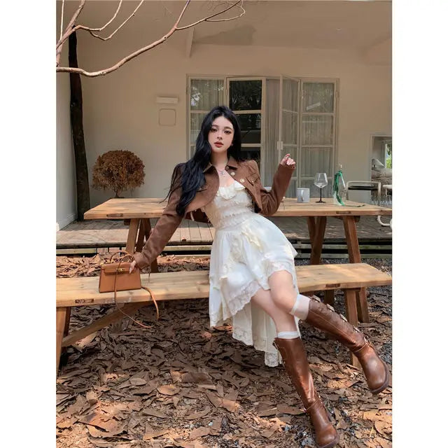 White Dresses For Women Fashion Sexy Sling Roe Femme 2025 Vestidos De Mujer Patchwork Lace Ruffles Irregular Sweet Dress