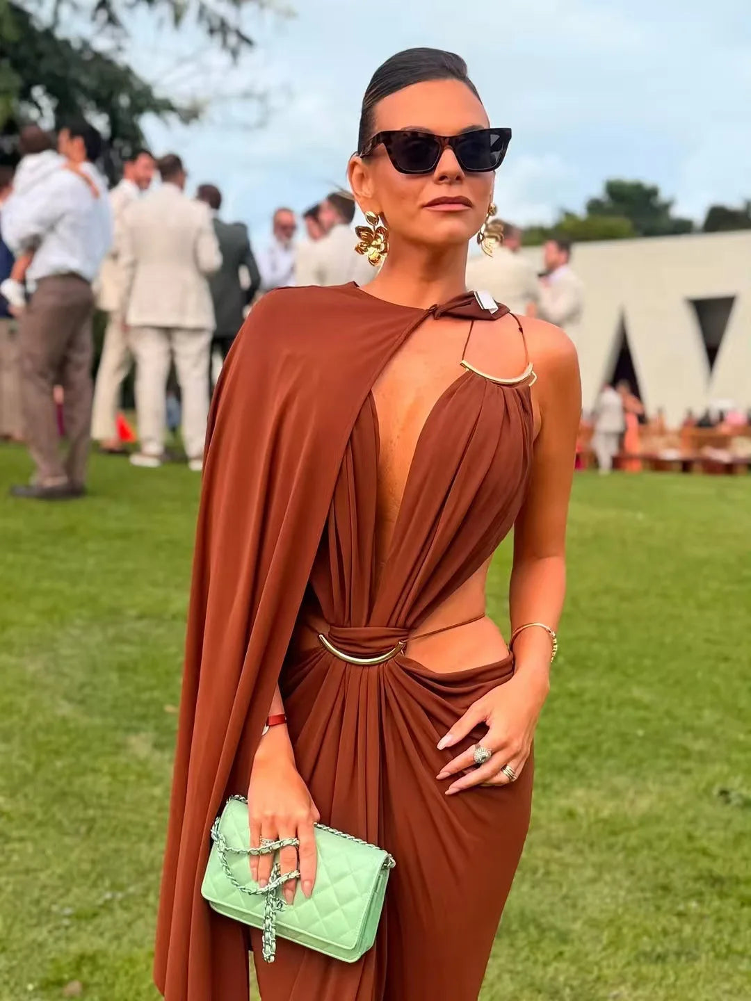 Women Halter Long Dress Deep V Neck Cutout Backless Evening Party Dress Metal Ring Twist Waist Bodycon Club Night Out Dresses