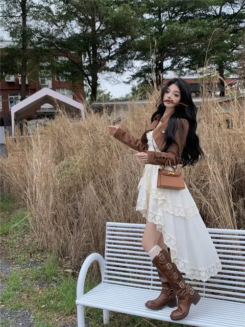 White Dresses For Women Fashion Sexy Sling Roe Femme 2025 Vestidos De Mujer Patchwork Lace Ruffles Irregular Sweet Dress
