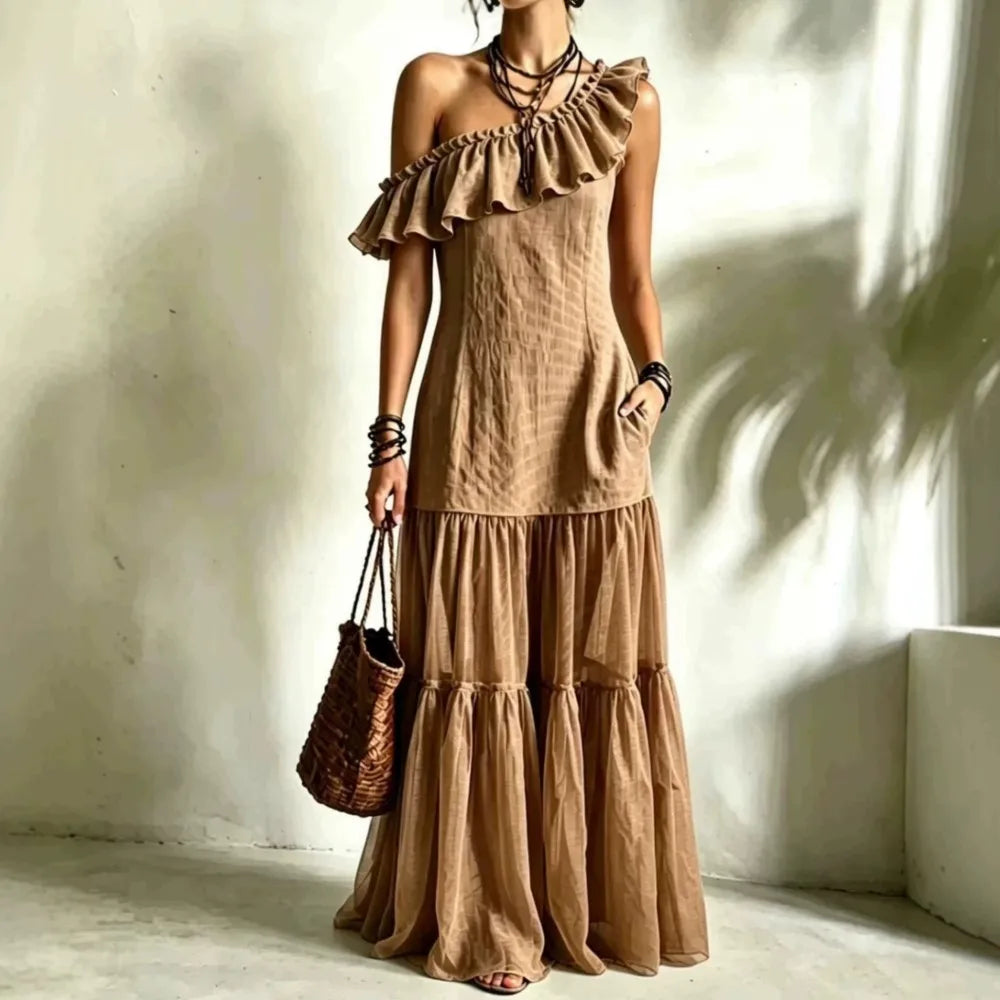 Diagonal Neck A-Line Maxi Dress