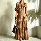Diagonal Neck A-Line Maxi Dress