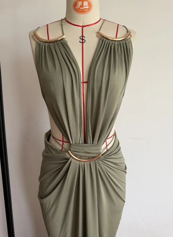 Women Halter Long Dress Deep V Neck Cutout Backless Evening Party Dress Metal Ring Twist Waist Bodycon Club Night Out Dresses