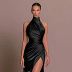 Turtleneck Shirred A-Line Maxi Dress