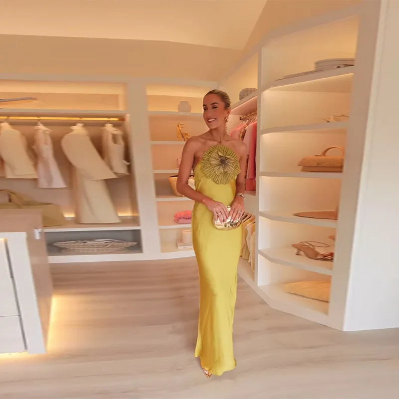 Halter Appliqué Floor-Length Dress