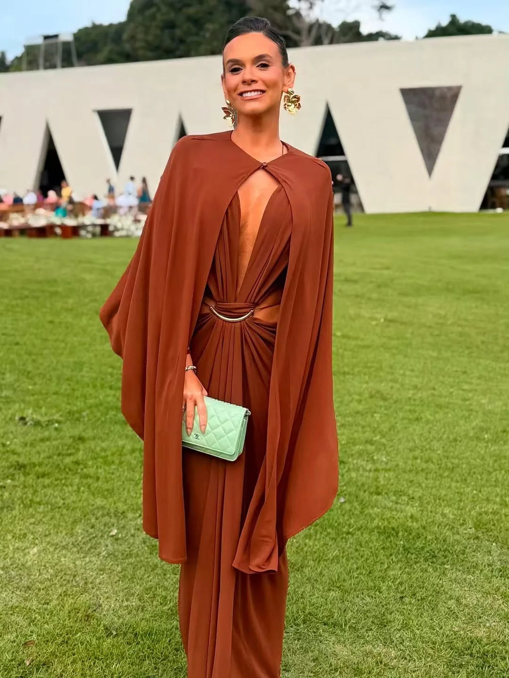 Women Halter Long Dress Deep V Neck Cutout Backless Evening Party Dress Metal Ring Twist Waist Bodycon Club Night Out Dresses