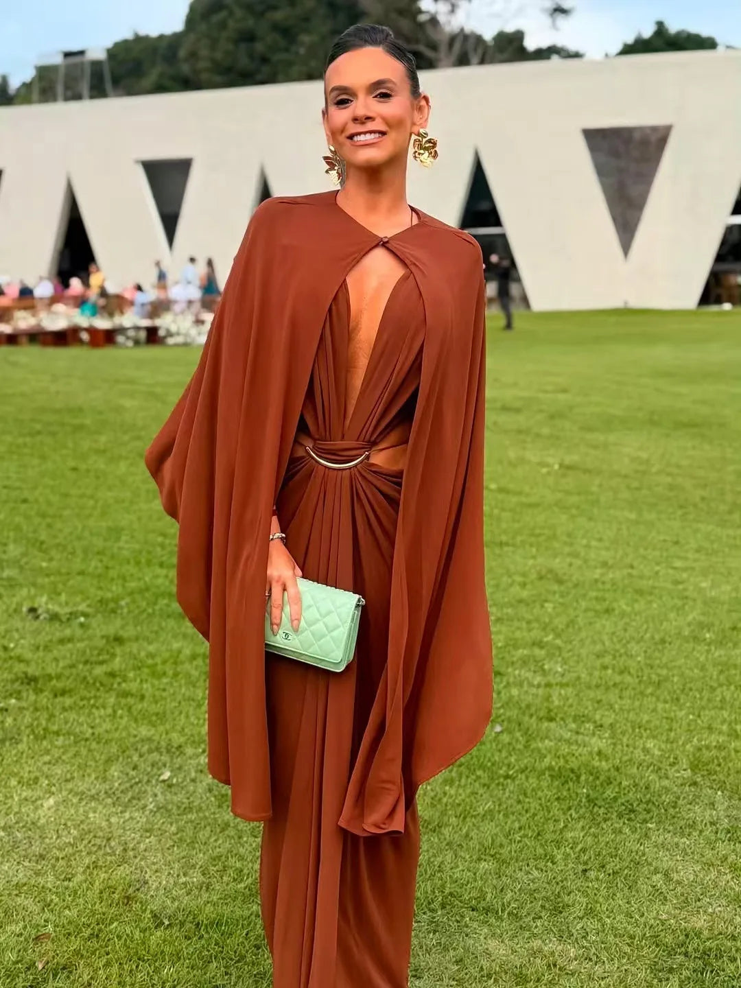 Women Halter Long Dress Deep V Neck Cutout Backless Evening Party Dress Metal Ring Twist Waist Bodycon Club Night Out Dresses