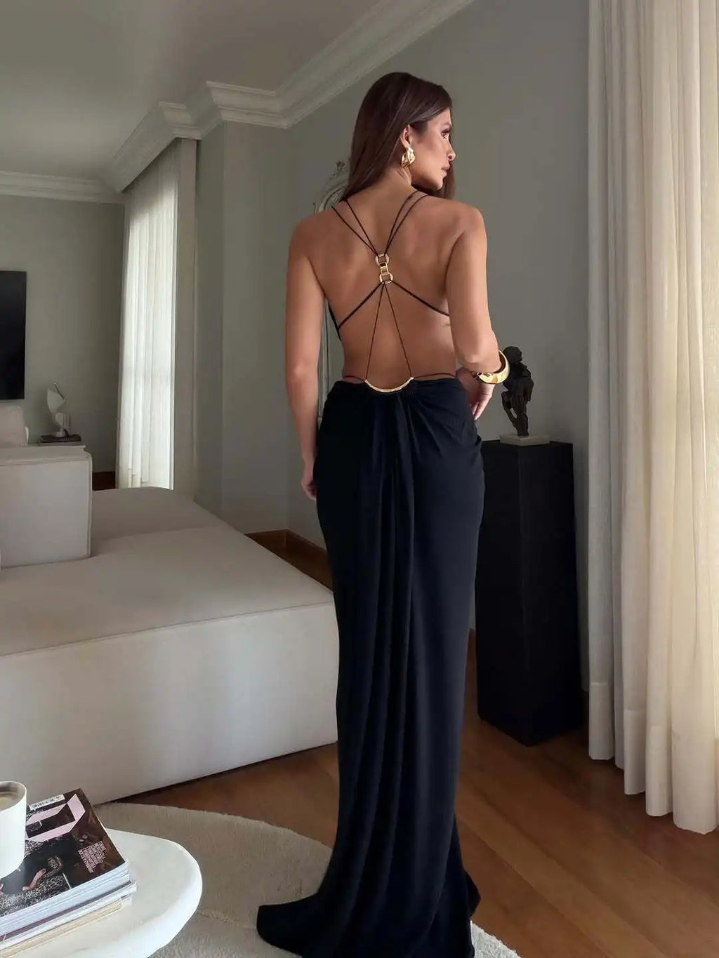 Women Halter Long Dress Deep V Neck Cutout Backless Evening Party Dress Metal Ring Twist Waist Bodycon Club Night Out Dresses
