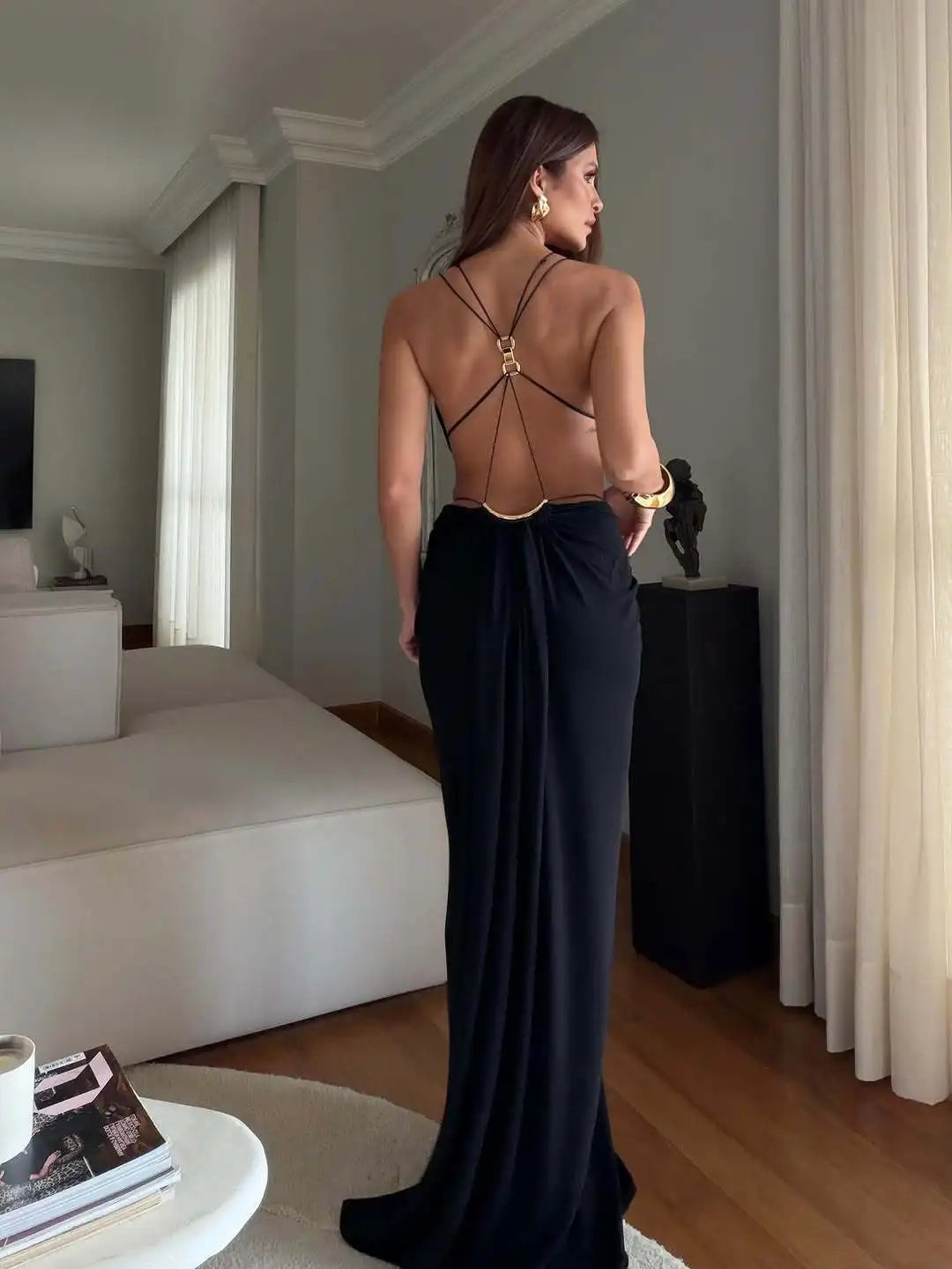 Women Halter Long Dress Deep V Neck Cutout Backless Evening Party Dress Metal Ring Twist Waist Bodycon Club Night Out Dresses