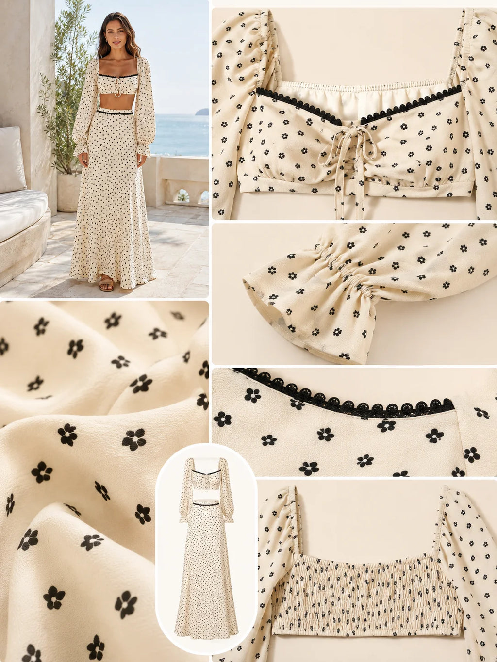 Women 2 Piece Boho Matching Sets, Integrated Puff Long Sleeve Cutout Back Tie‑Front Crop Top & High Waist Flowy Polka Dot Maxi Skirt, Summer Beach Vacation Co‑Ord Outfits
