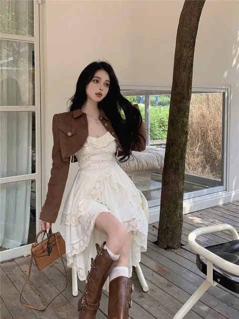 White Dresses For Women Fashion Sexy Sling Roe Femme 2025 Vestidos De Mujer Patchwork Lace Ruffles Irregular Sweet Dress