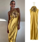 Halter Appliqué Floor-Length Dress