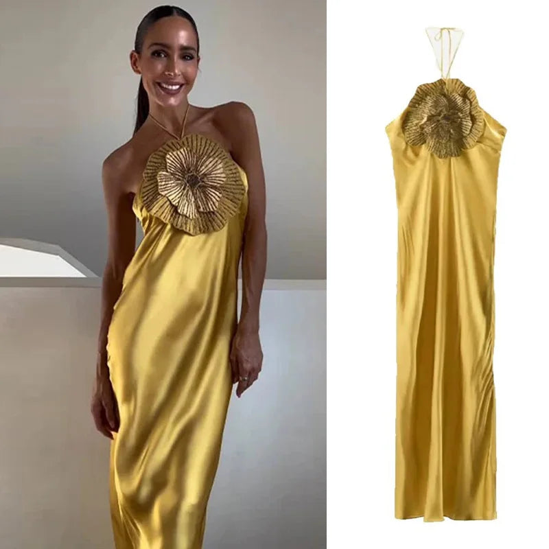 Halter Appliqué Floor-Length Dress