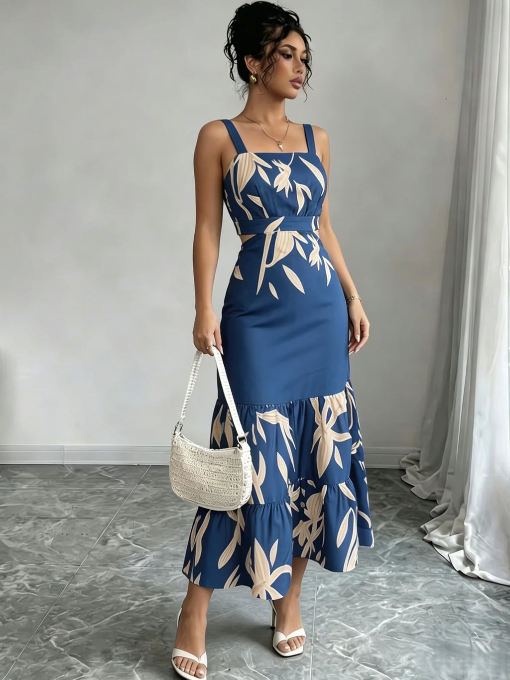 Printed Ruffle A-Line Midi Dress