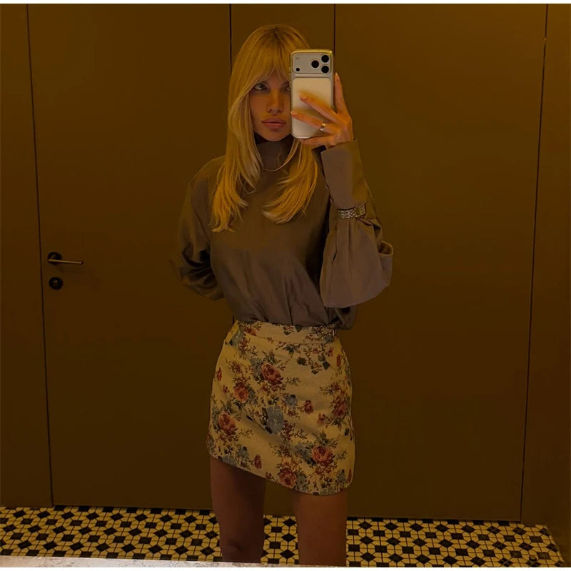 Women Cropped Floral Print Jacket Stand Collar Long Sleeve Button Front Pockets Vintage Loose Short Coat 2026 Autumn Chic Blazer