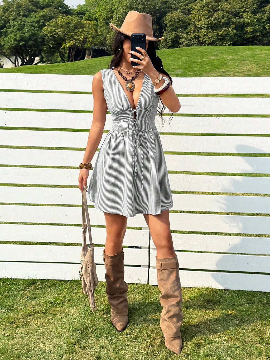 Lace-Up Striped Cotton Dress