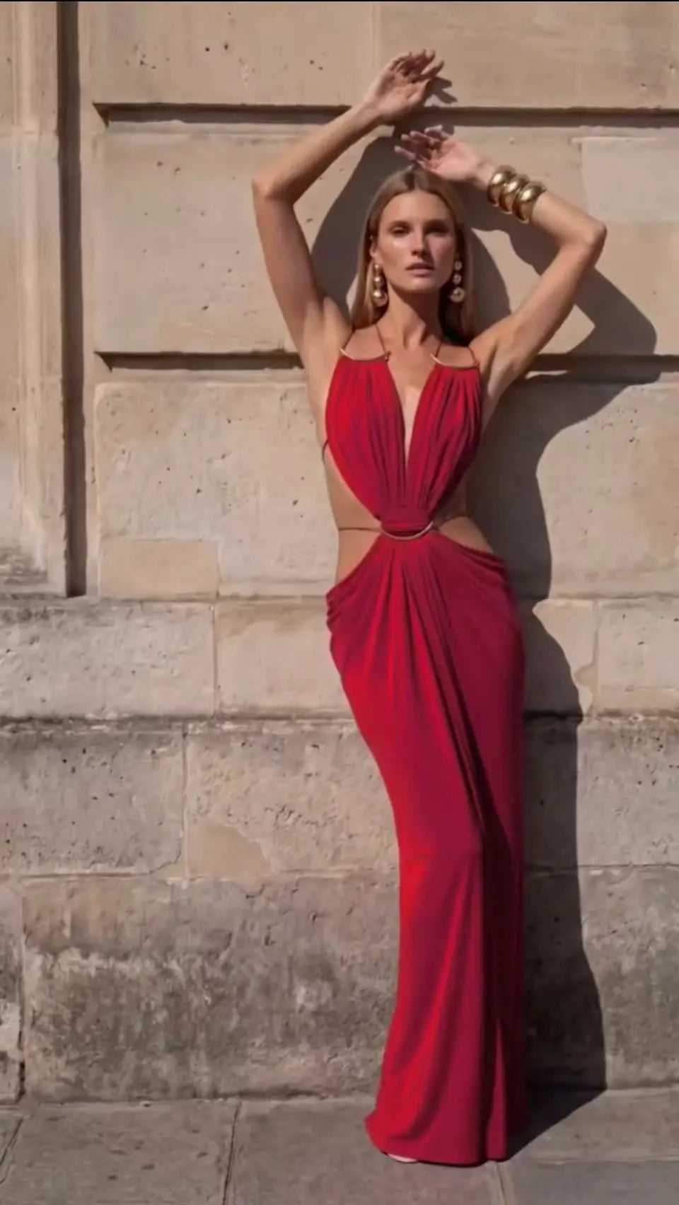 Women Halter Long Dress Deep V Neck Cutout Backless Evening Party Dress Metal Ring Twist Waist Bodycon Club Night Out Dresses