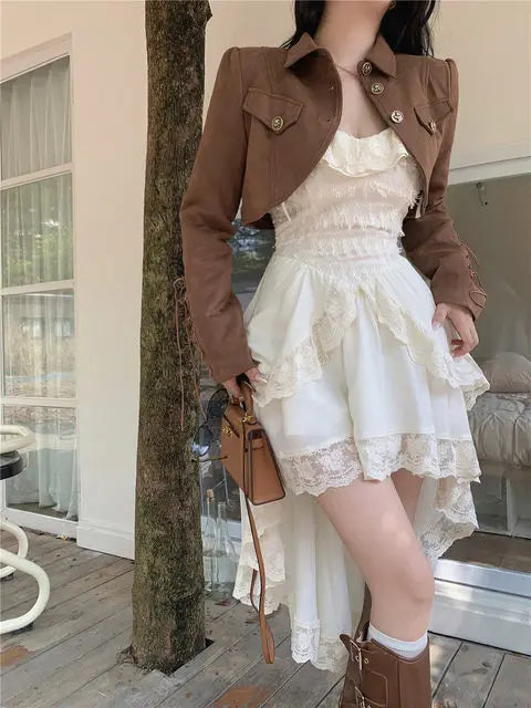 White Dresses For Women Fashion Sexy Sling Roe Femme 2025 Vestidos De Mujer Patchwork Lace Ruffles Irregular Sweet Dress