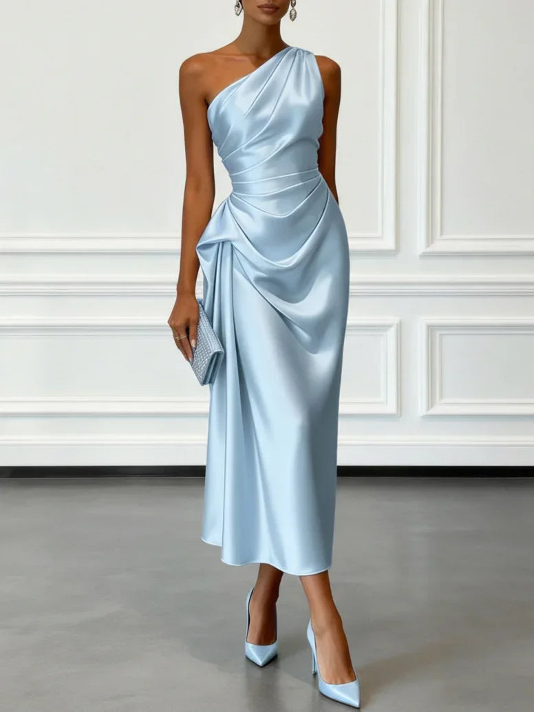 Elegant One Shoulder Satin Ruched Midi Dress for Formal Evening Cocktail Party
