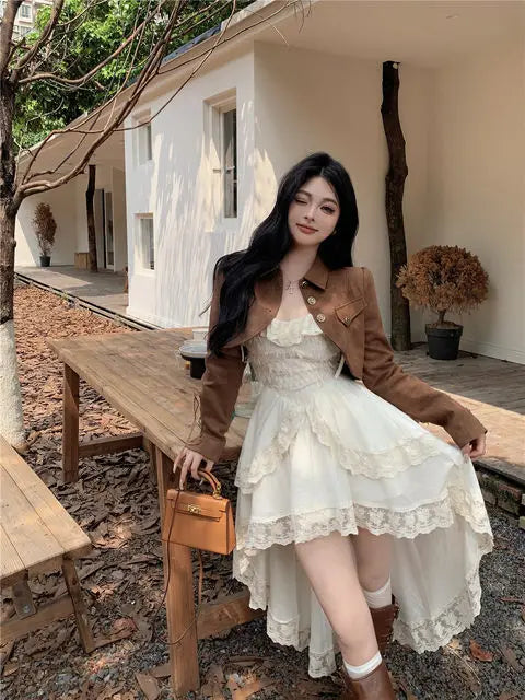 White Dresses For Women Fashion Sexy Sling Roe Femme 2025 Vestidos De Mujer Patchwork Lace Ruffles Irregular Sweet Dress