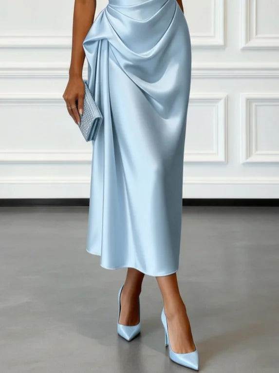 Elegant One Shoulder Satin Ruched Midi Dress for Formal Evening Cocktail Party