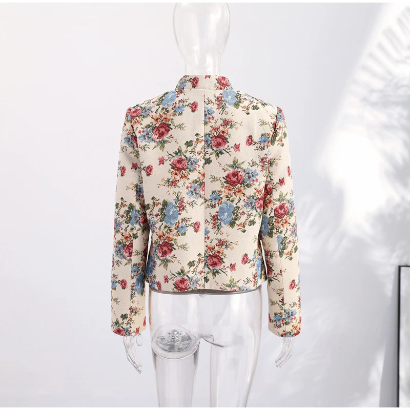 Women Cropped Floral Print Jacket Stand Collar Long Sleeve Button Front Pockets Vintage Loose Short Coat 2026 Autumn Chic Blazer
