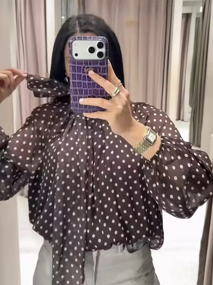 Polka Dot Tiered V-Neck Blouse