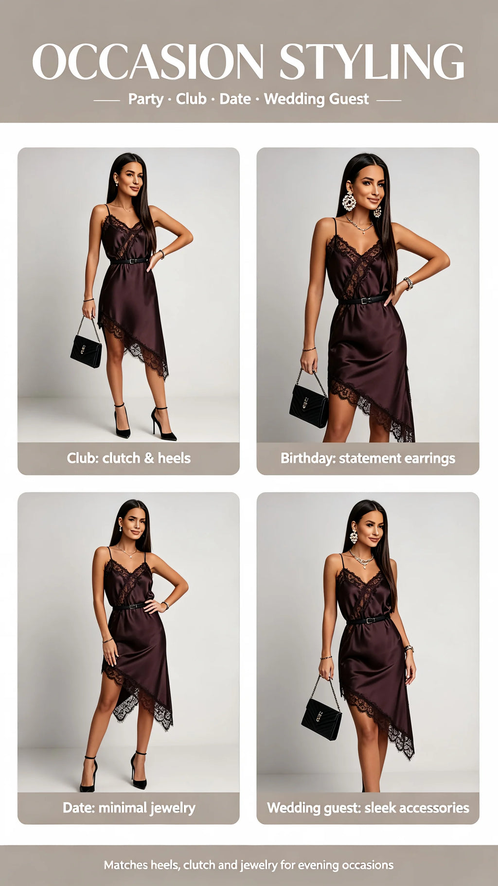 Women Dark Brown Satin Lace Slip Dress Spaghetti Strap V-Neck Asymmetrical Hem Elegant Party Cocktail Evening Dresses