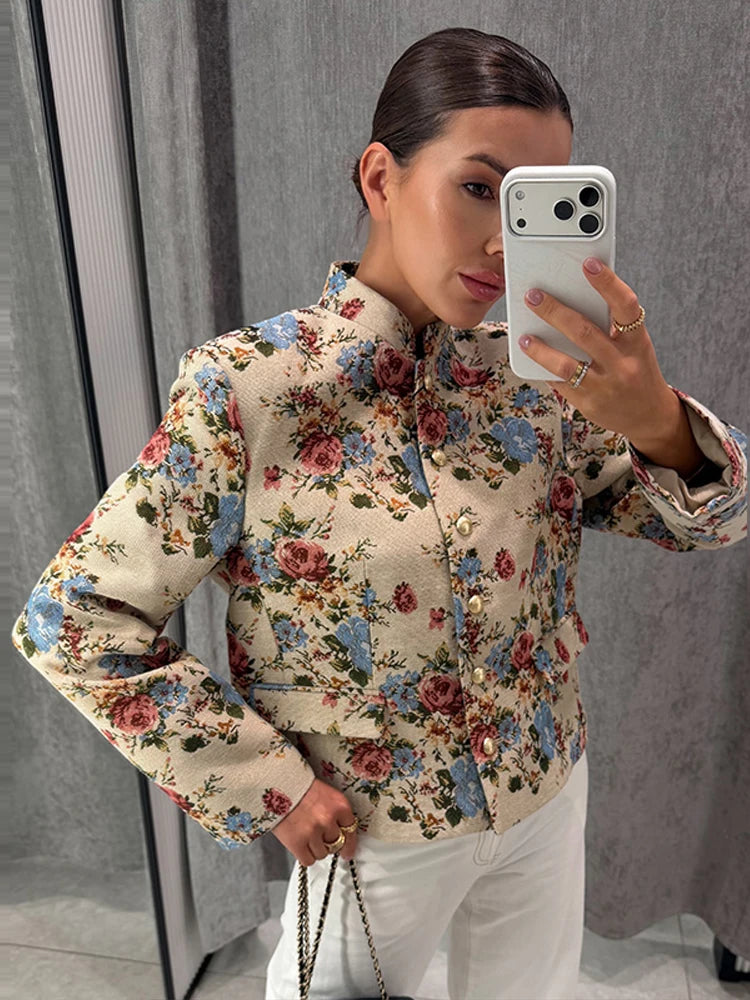 Women Cropped Floral Print Jacket Stand Collar Long Sleeve Button Front Pockets Vintage Loose Short Coat 2026 Autumn Chic Blazer