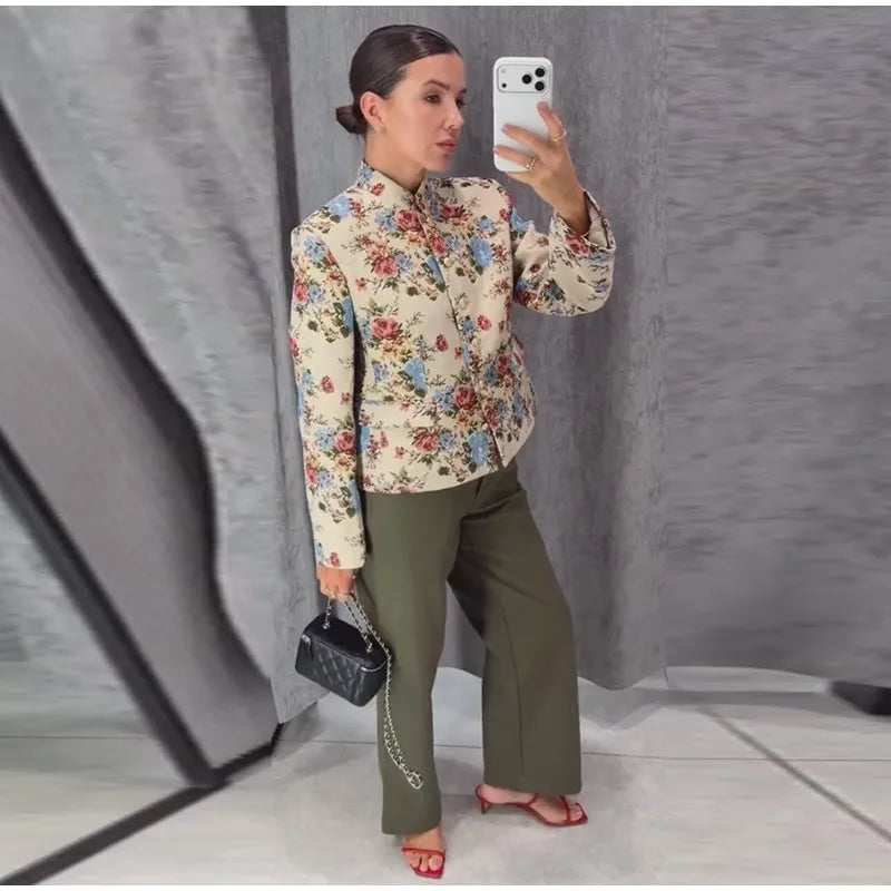 Women Cropped Floral Print Jacket Stand Collar Long Sleeve Button Front Pockets Vintage Loose Short Coat 2026 Autumn Chic Blazer