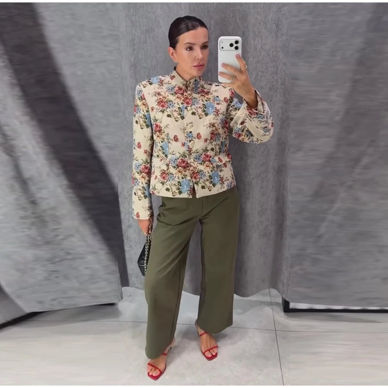 Women Cropped Floral Print Jacket Stand Collar Long Sleeve Button Front Pockets Vintage Loose Short Coat 2026 Autumn Chic Blazer