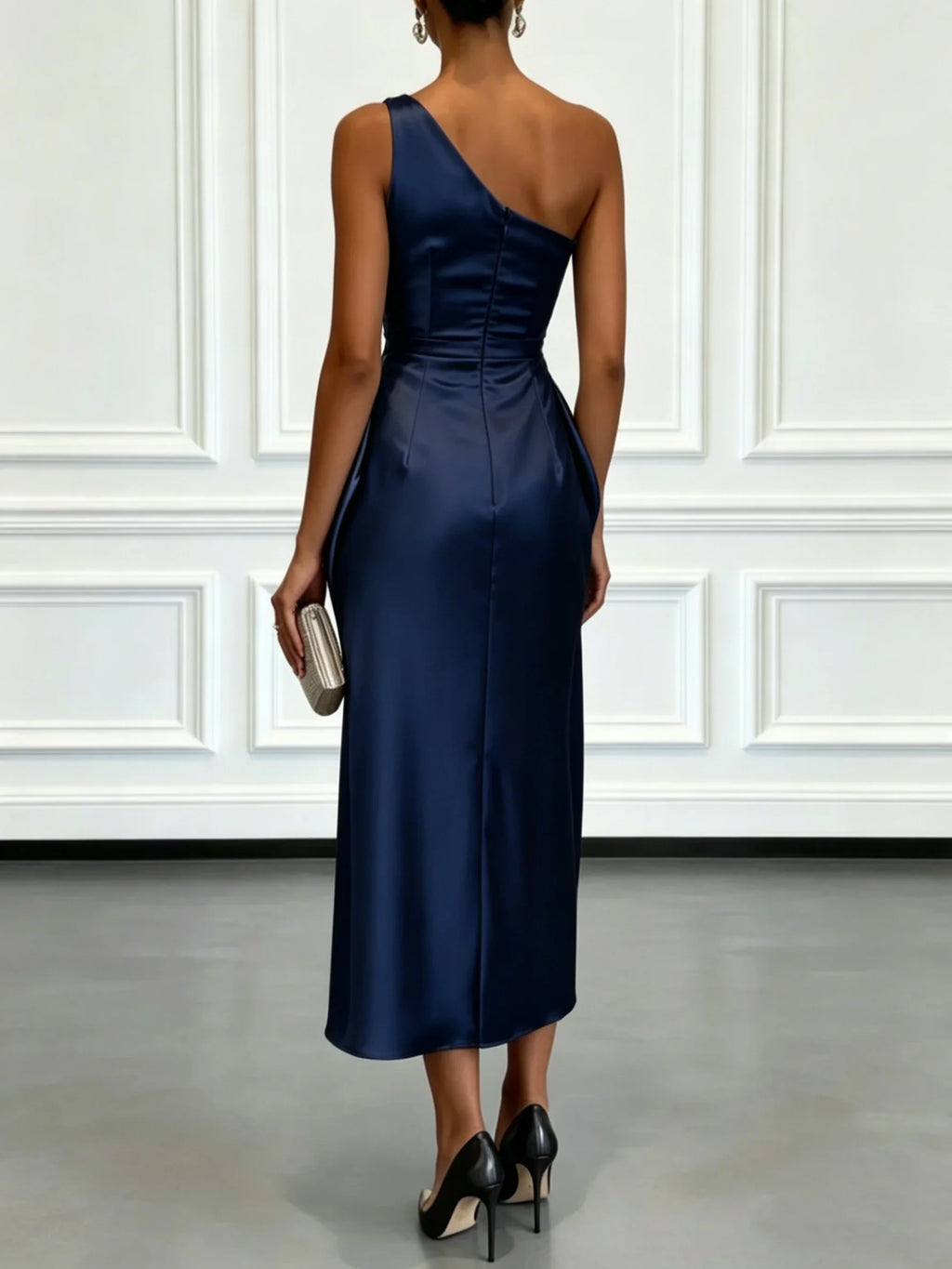 Elegant One Shoulder Satin Ruched Midi Dress for Formal Evening Cocktail Party