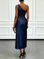 Elettra Ferri satin pleated dress with elegant flowy fabric and sophisticated design, perfect for formal occasions.