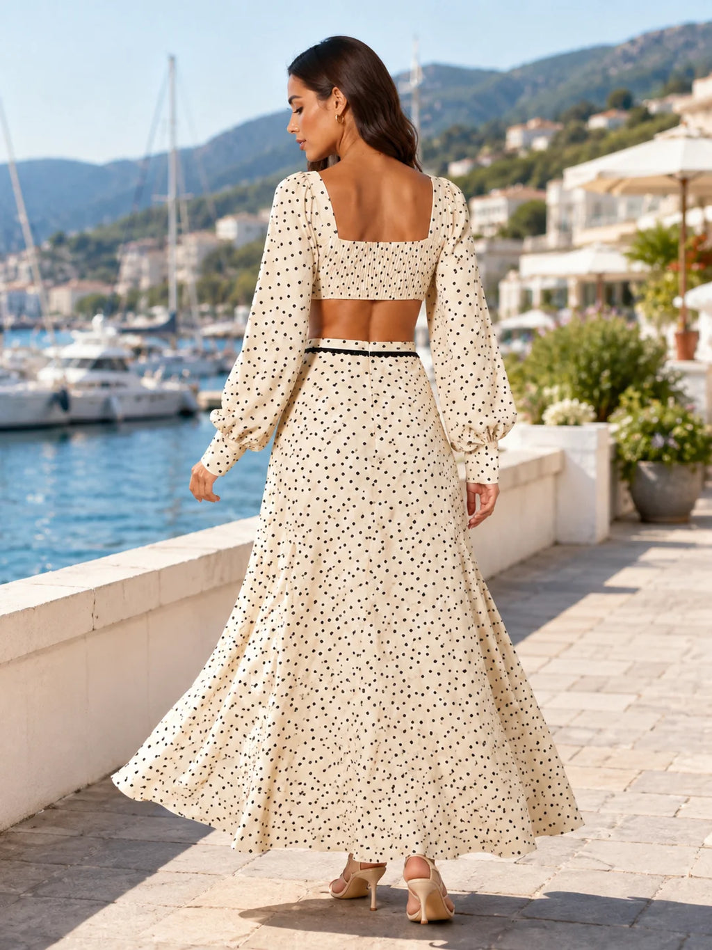Women 2 Piece Boho Matching Sets, Integrated Puff Long Sleeve Cutout Back Tie‑Front Crop Top & High Waist Flowy Polka Dot Maxi Skirt, Summer Beach Vacation Co‑Ord Outfits