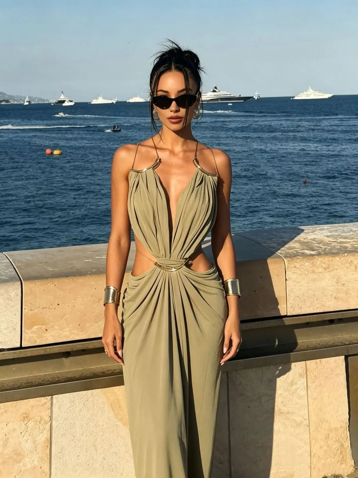 Women Halter Long Dress Deep V Neck Cutout Backless Evening Party Dress Metal Ring Twist Waist Bodycon Club Night Out Dresses