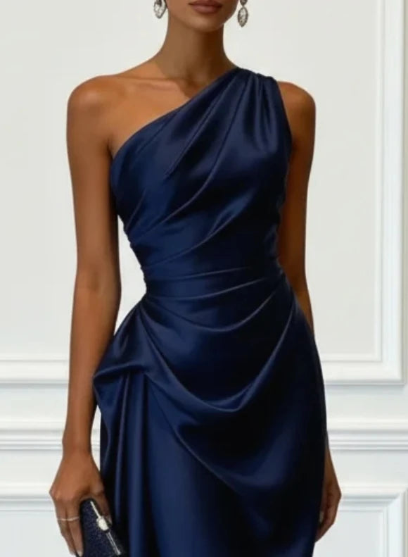 Elegant One Shoulder Satin Ruched Midi Dress for Formal Evening Cocktail Party