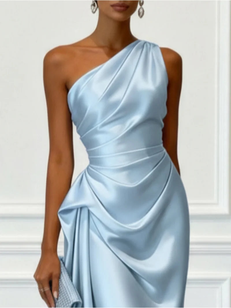 Elegant One Shoulder Satin Ruched Midi Dress for Formal Evening Cocktail Party